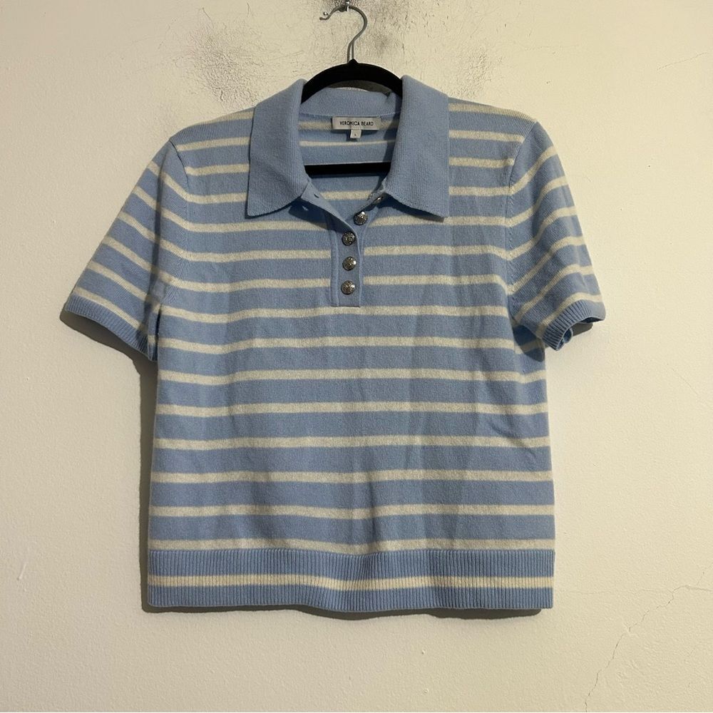 Veronica Beard Brandt Striped Cashmere Short Sleeve Polo Sweater Bluebell Rugby